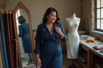 Couturière faisant des retouches sur une robe sur-mesure pour grande taille dans un atelier de couture à Reims