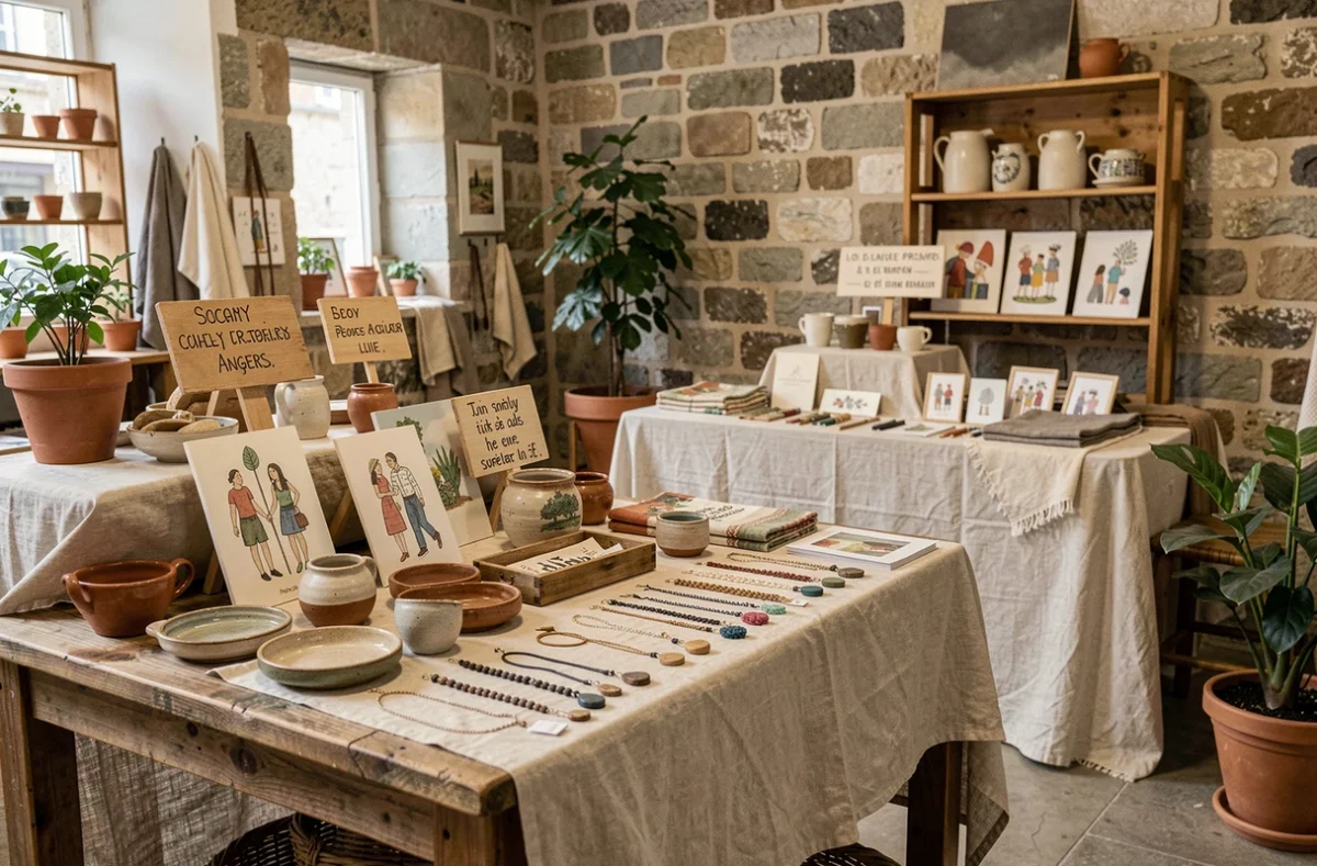 Boutique Les Créateurs d'Anjou à Angers présentant des créations artisanales locales, bijoux faits main et céramiques sur des présentoirs en bois recyclé