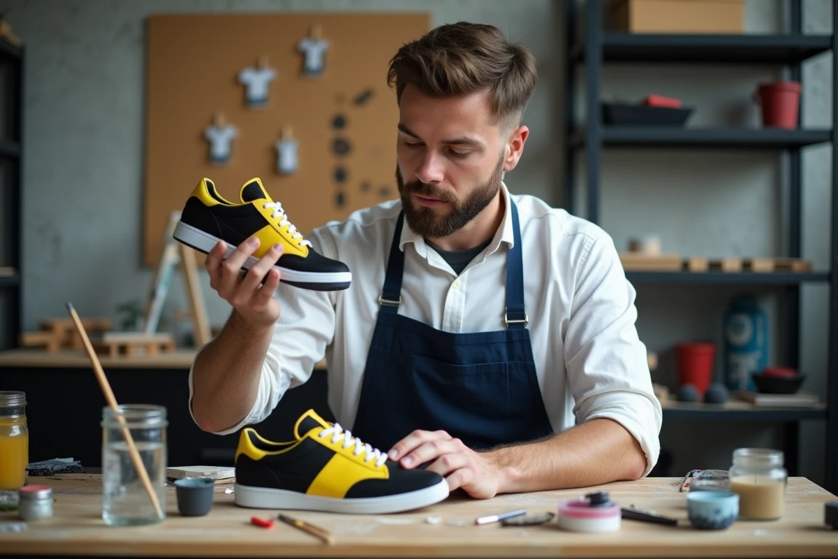 Homme débutant inspectant une sneaker peinte avec un motif géométrique dans un atelier de customisation urbain