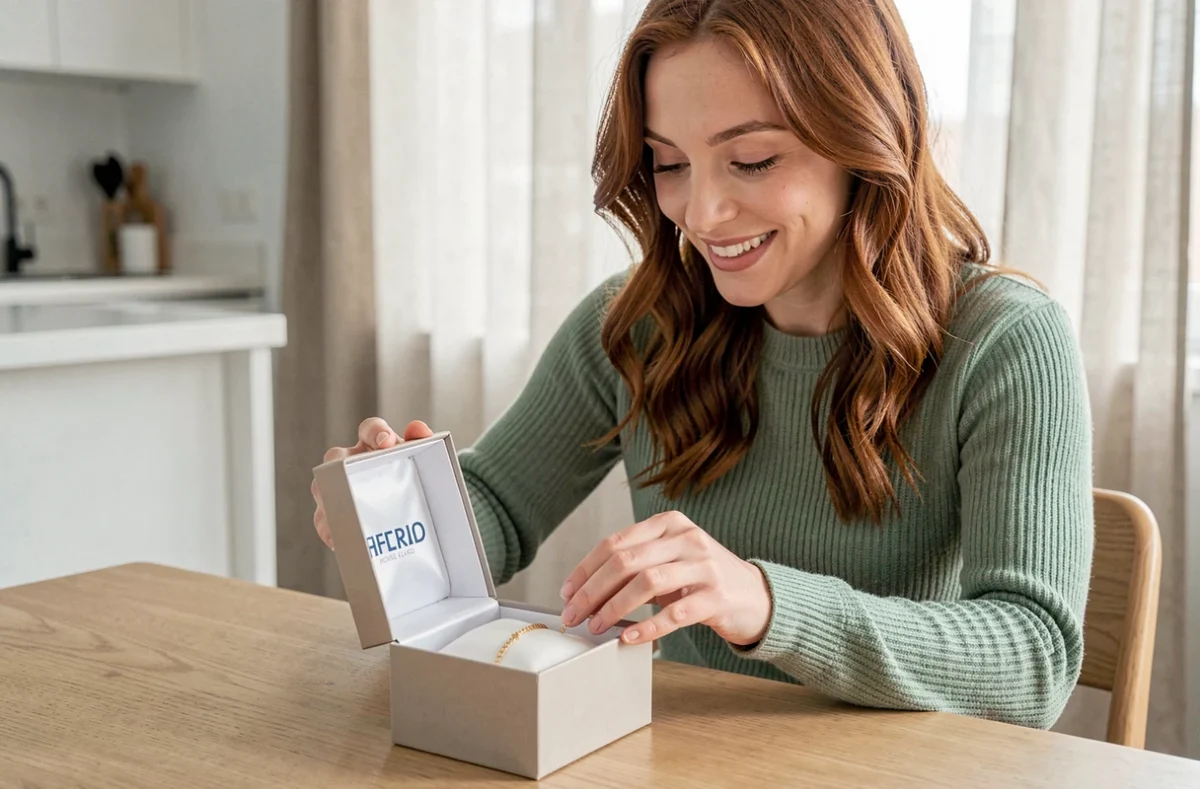 Femme découvrant un bracelet en or SRD Bijoux dans son écrin cadeau, expérience client et avis sur la marque