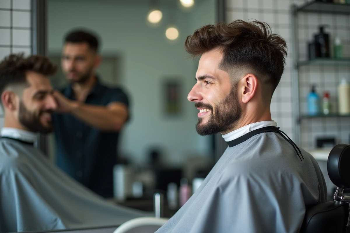Homme aux cheveux ondulés avec un dégradé espagnol examinant sa coupe dans le miroir d'un barbier contemporain, reflet visible en arrière-plan