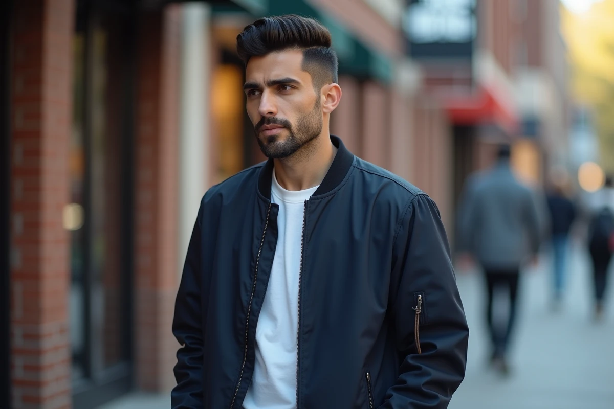 Homme en veste bomber avec un dégradé espagnol sur cheveux noirs raides, photographié en extérieur dans un environnement urbain contemporain