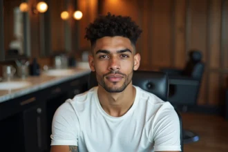 Jeune homme avec un dégradé espagnol impeccable assis dans un fauteuil de barbier moderne, coupe de cheveux bouclés avec fondu skin sur les côtés