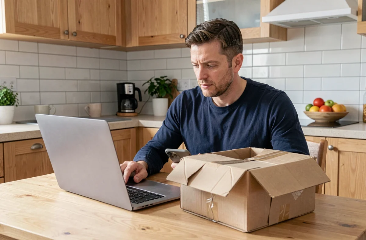 Homme déposant une réclamation en ligne pour un colis La Poste endommagé, assis devant son ordinateur portable avec le carton abîmé sur la table