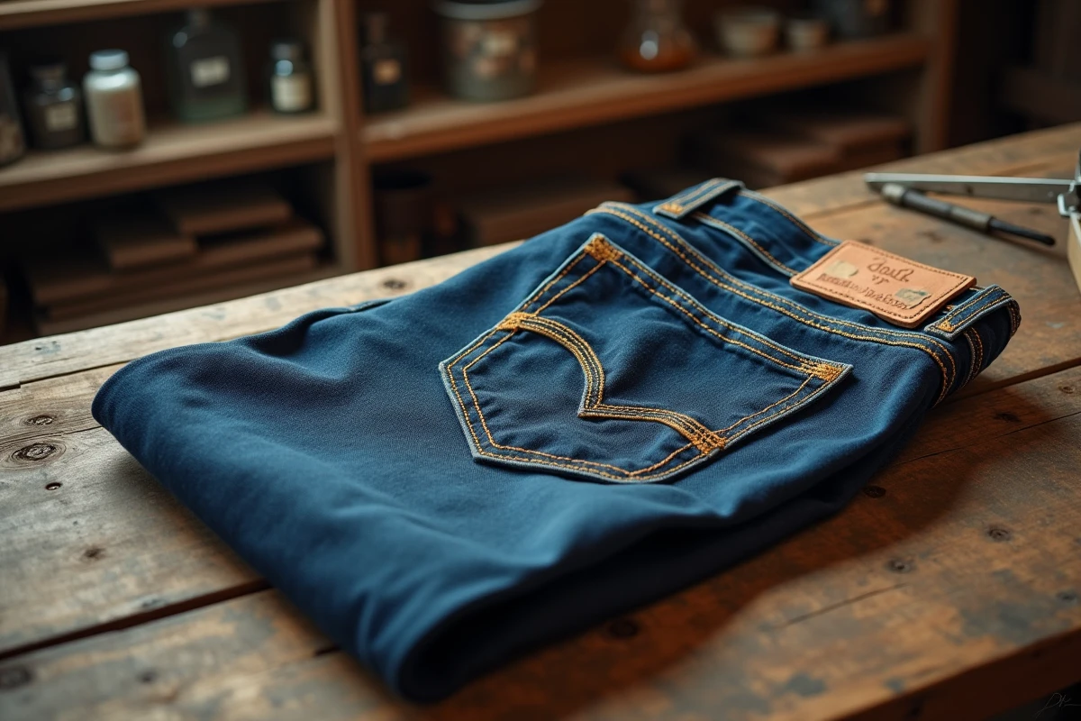 Gros plan sur un jean en denim selvedge indigo antique avec rivets en cuivre et étiquette en cuir sur un établi en bois brut, détail historique du premier jean Levi Strauss