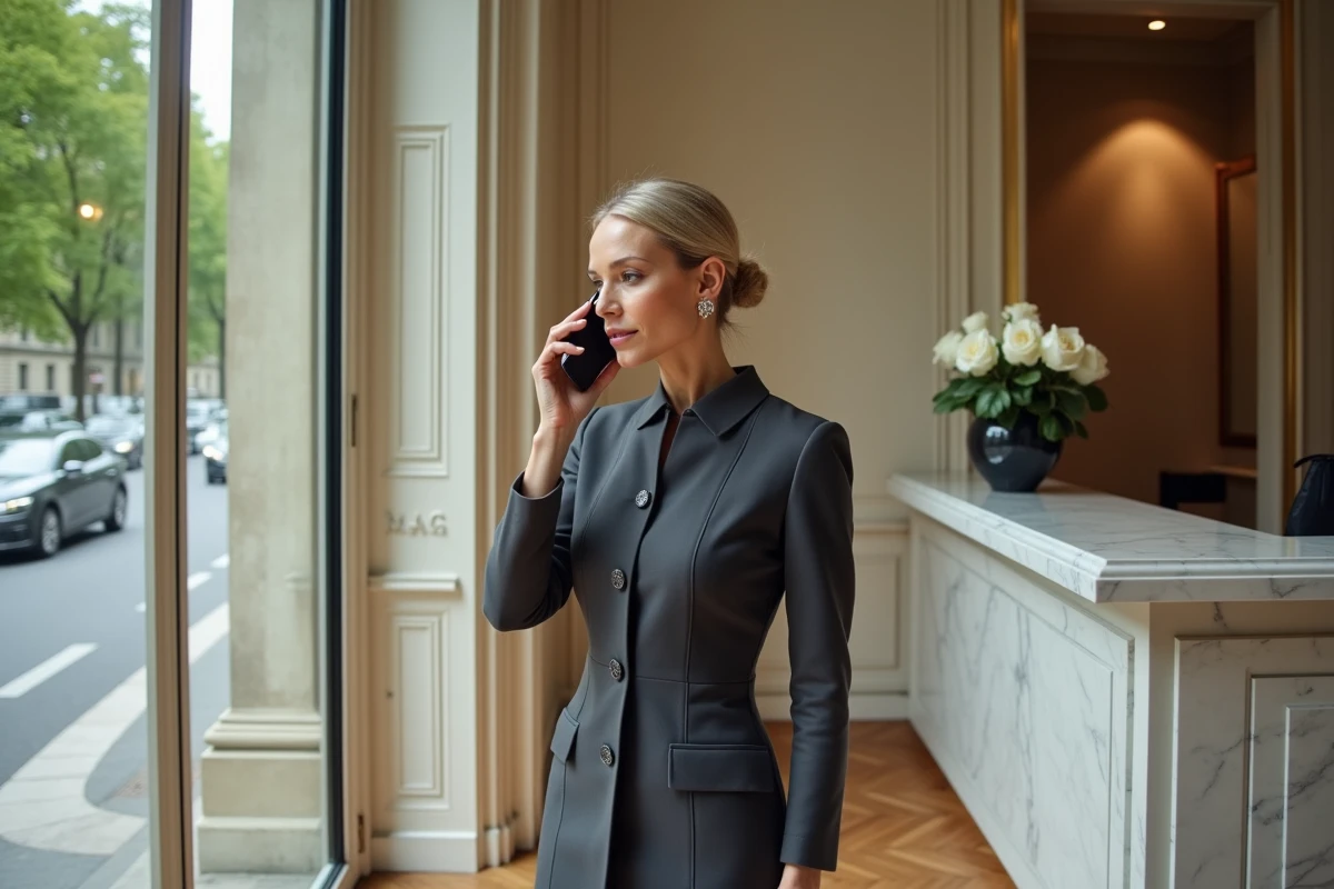 Directrice de boutique de luxe au téléphone avec vue sur l'Avenue Montaigne