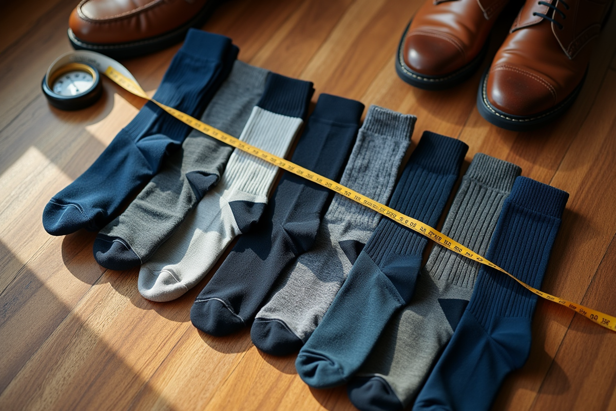 Différents modèles de chaussettes pour hommes sur une surface en bois