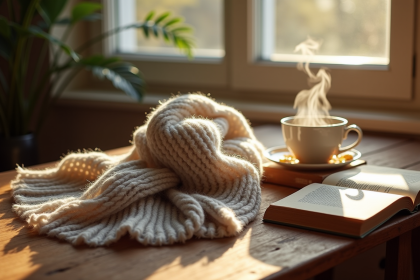 Echarpe en laine douce sur une table en bois avec thé et livre