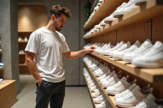Employé d'un shop sneakers nantais disposant une paire de sneakers en édition limitée sur un présentoir en bois minimaliste dans une boutique au style industriel