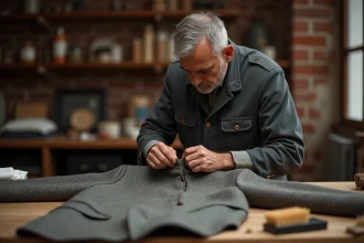 Homme entretenant une veste vintage en tweed sur un établi en bois avec des brosses et chiffons doux