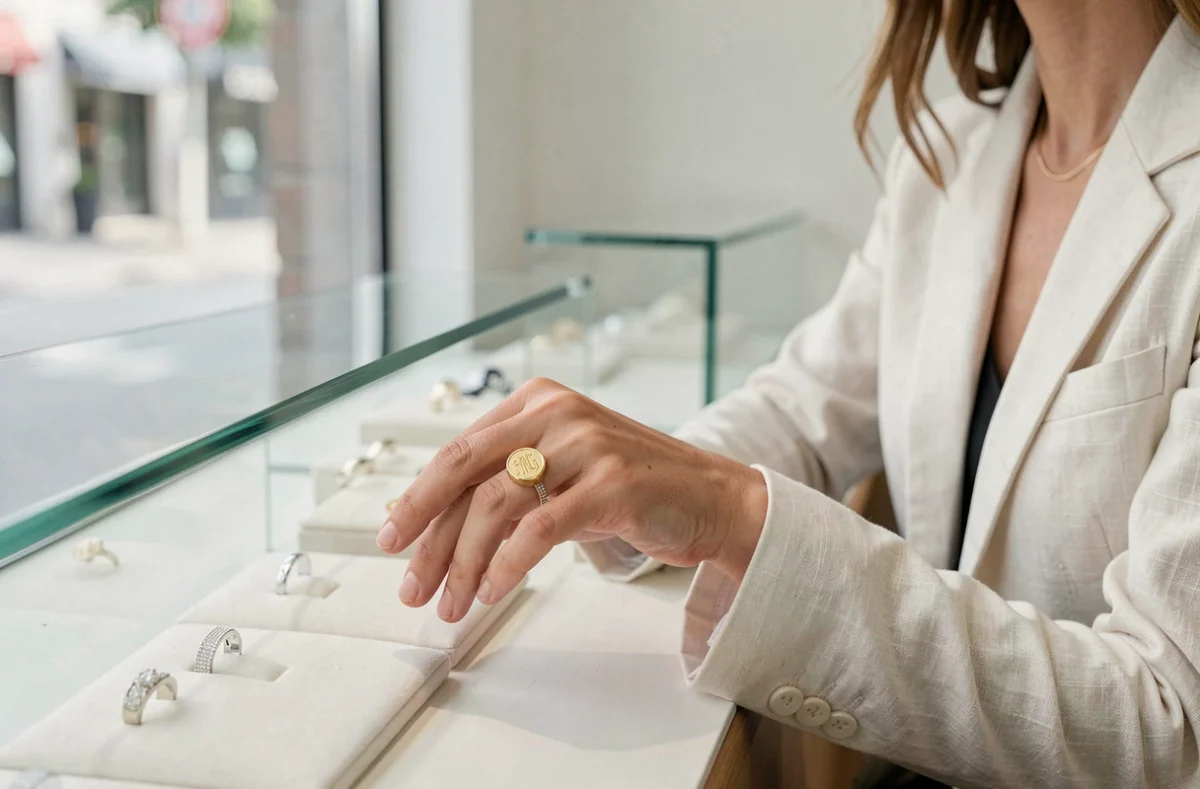 Femme en boutique de bijoux essayant une chevalière en or et une alliance pavée pour trouver la bonne association