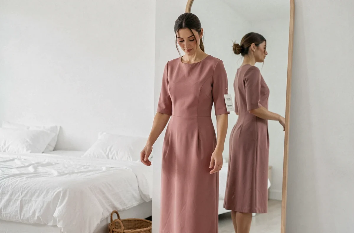 Femme essayant une robe midi abordable achetée en ligne devant un miroir dans une chambre minimaliste