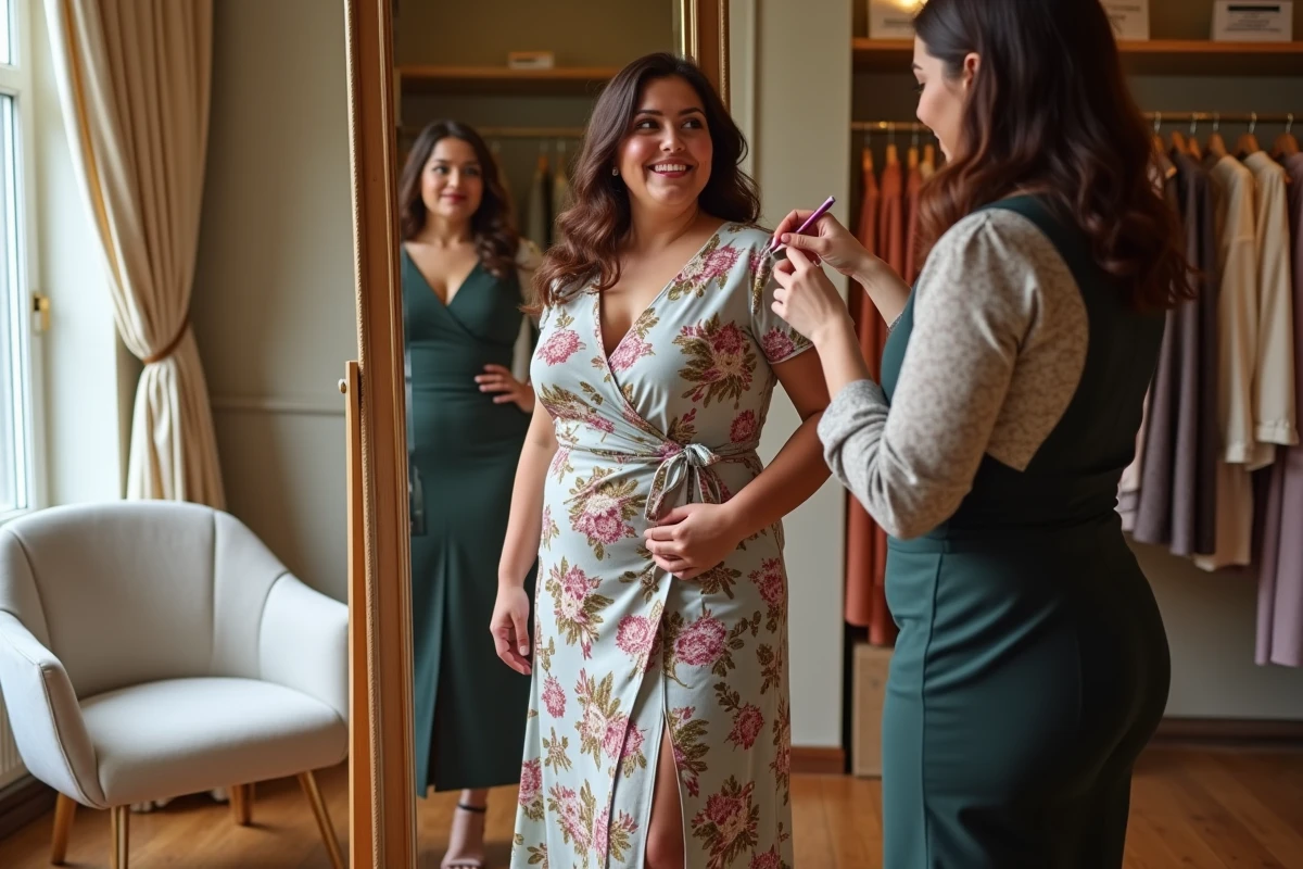 Femme grande taille essayant une robe retouchée sur mesure dans une boutique de couture à Reims
