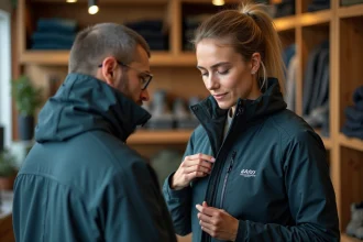 Femme examinant l'étiquette et les coutures d'une veste de montagne technique dans un magasin de matériel outdoor, illustration du choix d'une marque de vêtement de montagne durable