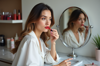 Femme appliquant rouge à lèvres devant miroir moderne