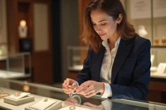 Femme élégante examine un bracelet en bijouterie