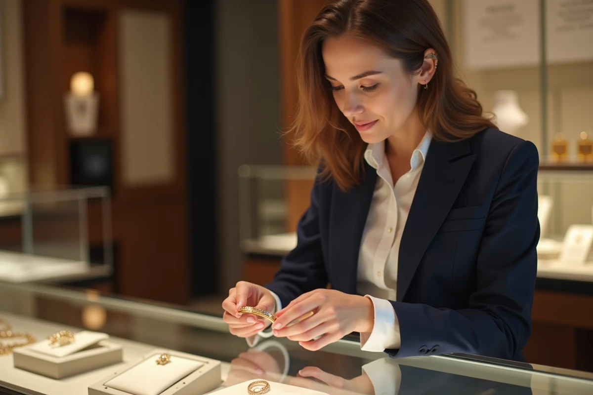 Femme élégante examine un bracelet en bijouterie