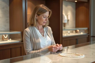 Femme examinant un collier de perles dans une boutique élégante