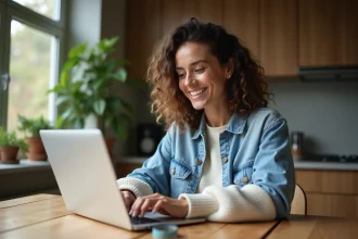 Femme souriante regardant des bracelets sur son ordinateur