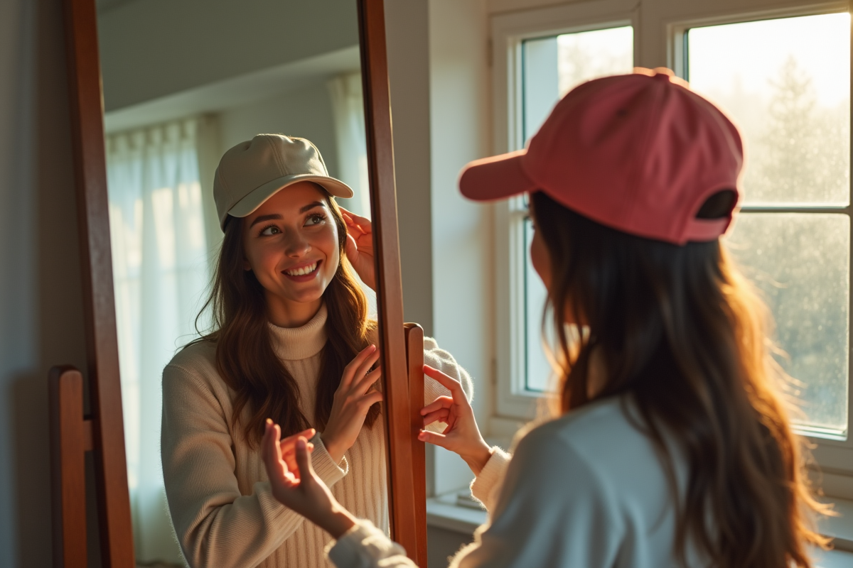 Femme brune essayant différents chapeaux en intérieur