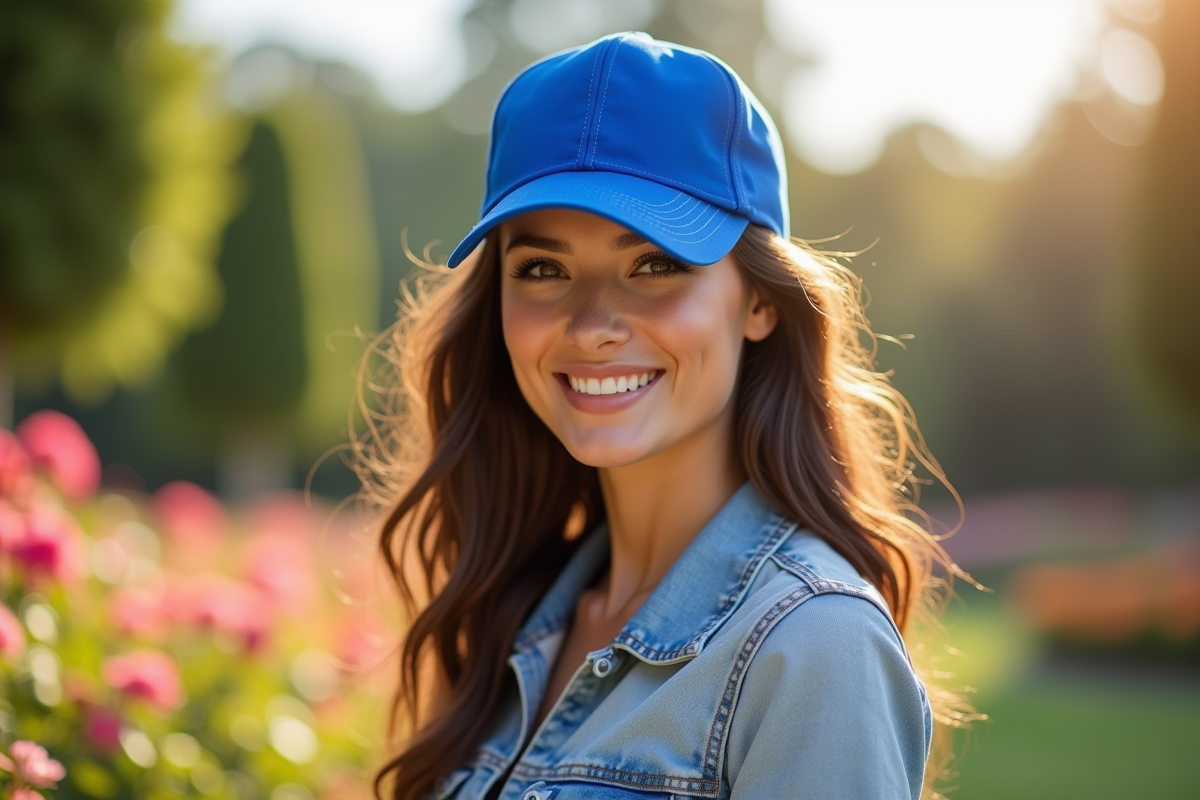 Femme brune en extérieur portant un chapeau bleu royal