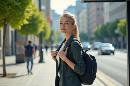 Femme ajustant son sac ergonomique en milieu urbain