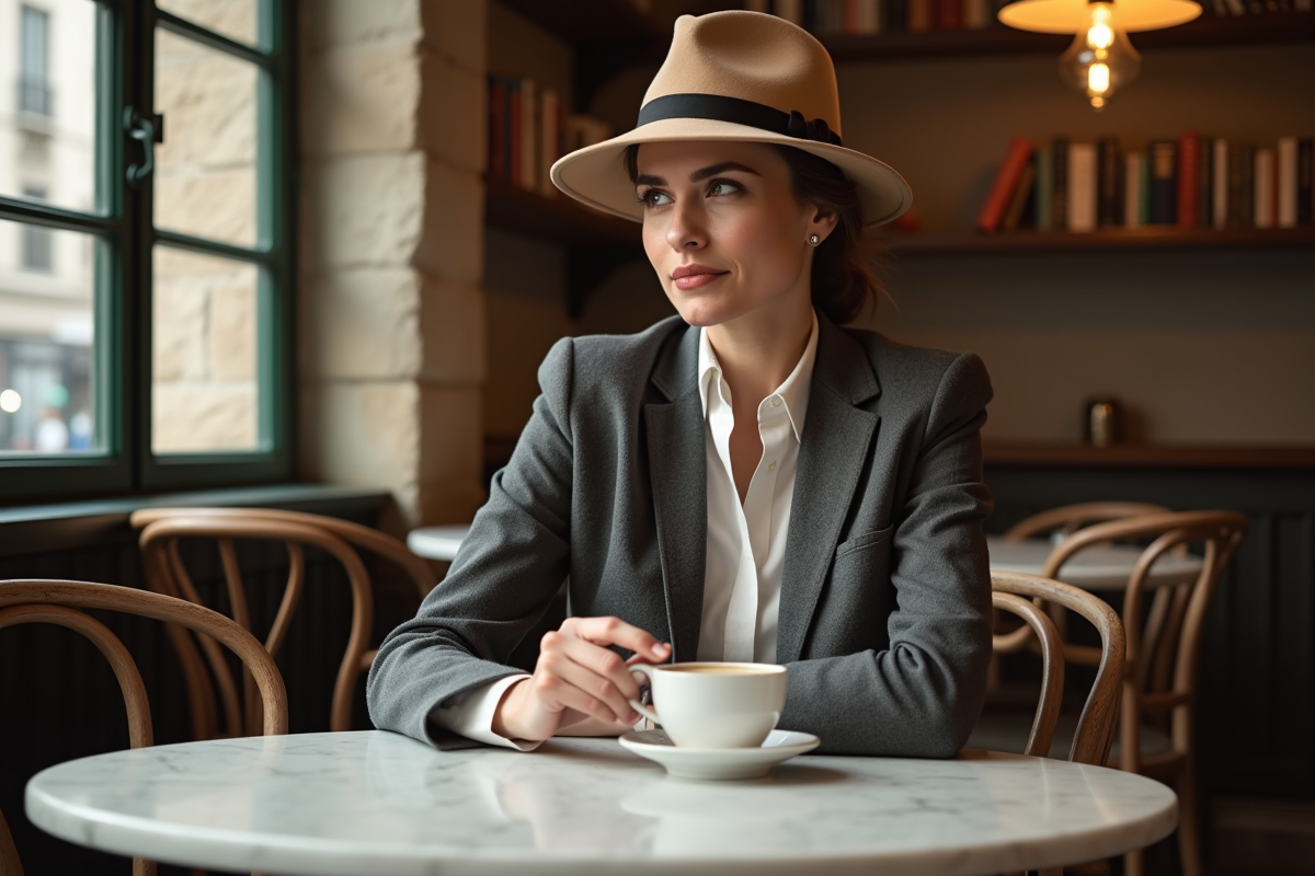 Femme élégante assise dans un café parisien contemplatif
