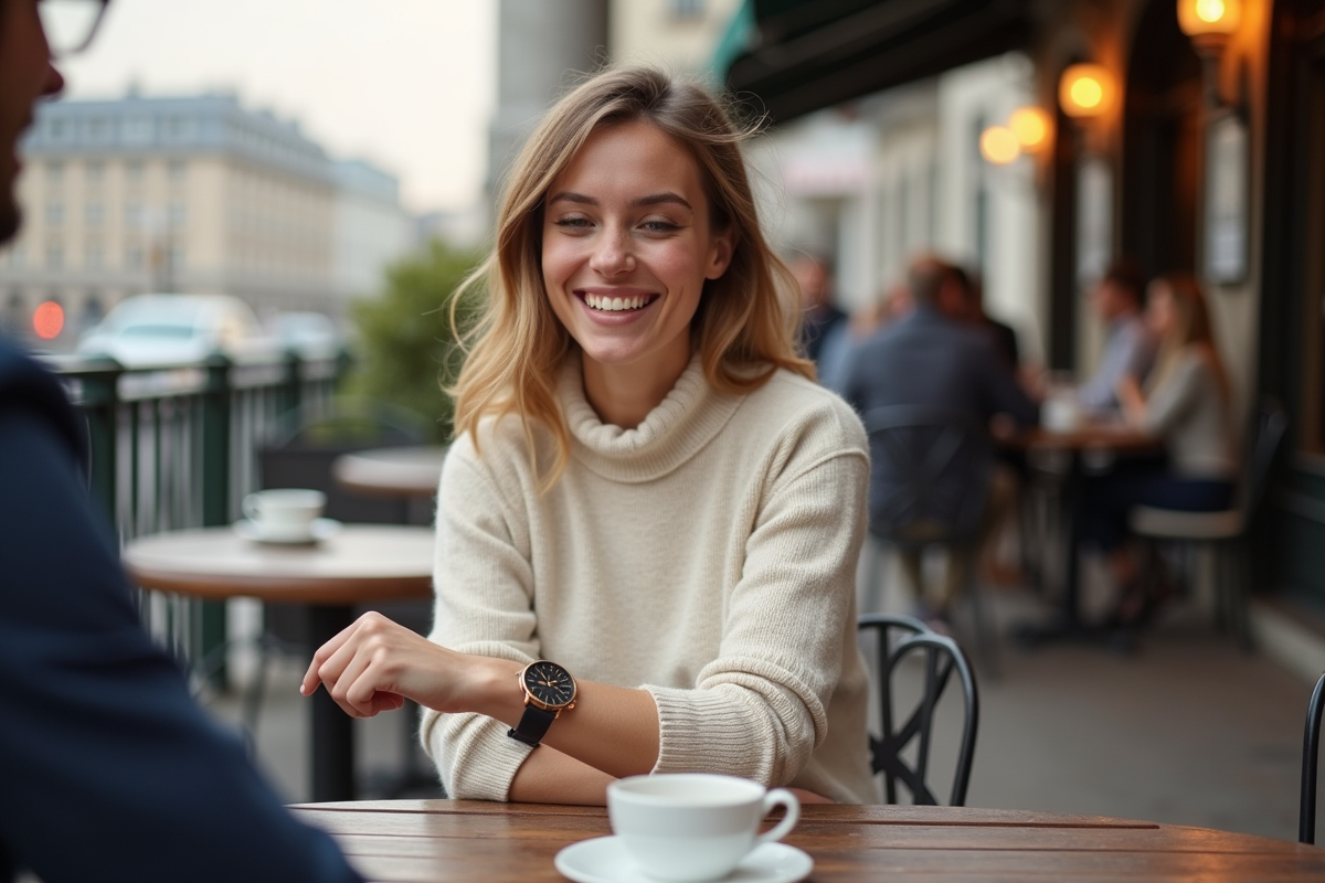 Jeune femme souriante regardant sa montre au café en ville
