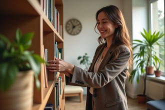 Femme élégante arrangeant des livres dans une bibliothèque lumineuse