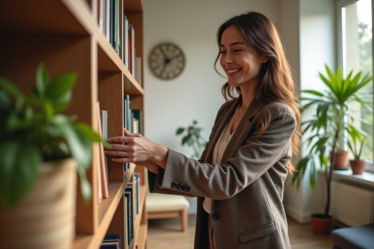 Femme élégante arrangeant des livres dans une bibliothèque lumineuse