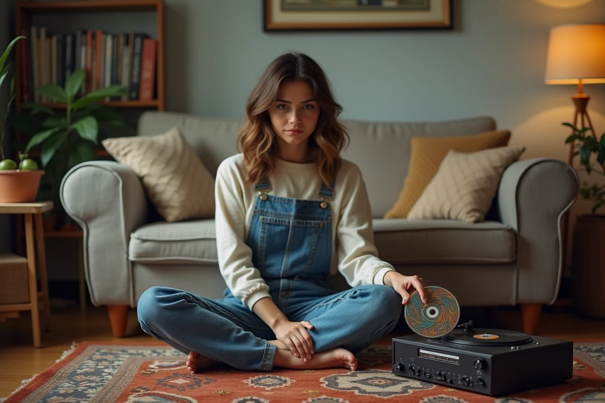 Jeune femme posant un CD dans un stereo vintage