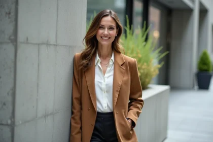 Femme confiante en blazer chic dans un décor urbain