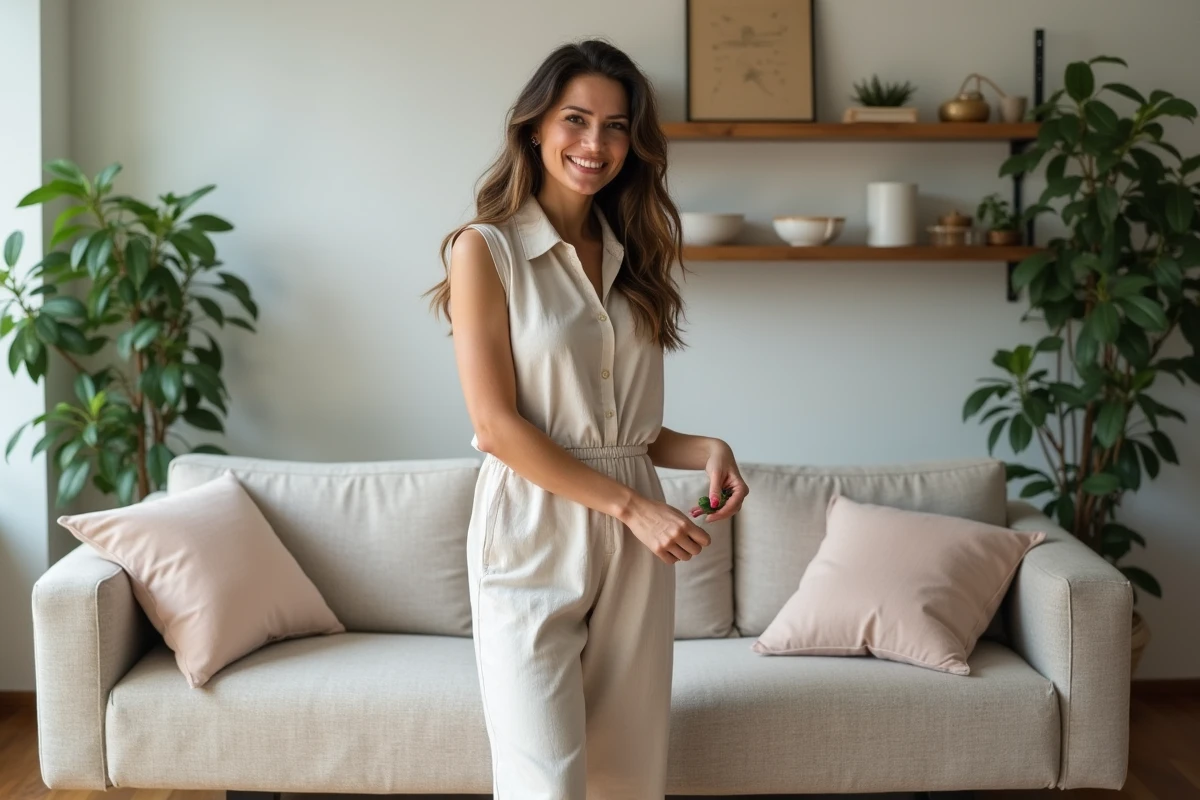 Femme en jumpsuit arrangeant des coussins dans un salon lumineux