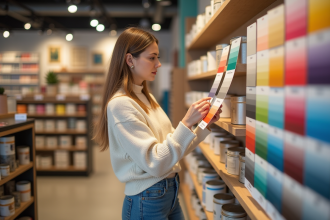 Femme moderne examine des échantillons de couleur dans un magasin de peinture