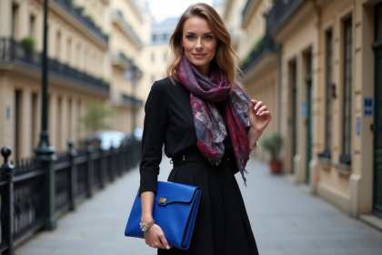 Femme élégante en robe noire sur un trottoir parisien