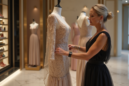 Femme raffinée en robe de soirée haute couture dans une boutique élégante