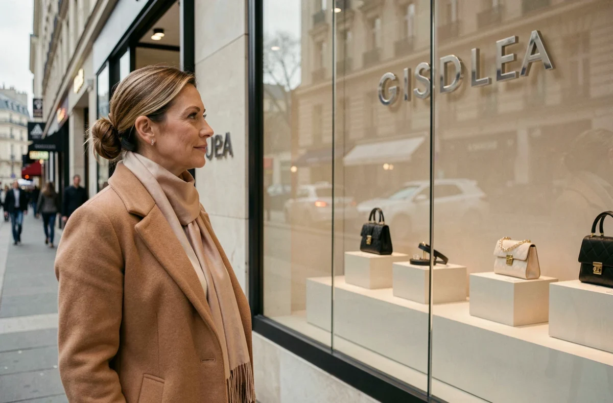 Femme élégante devant la vitrine d'une boutique de luxe sur les Champs-Élysées, Paris