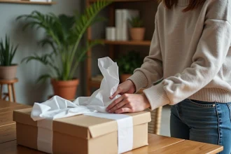 Femme emballant une robe dans un appartement cosy