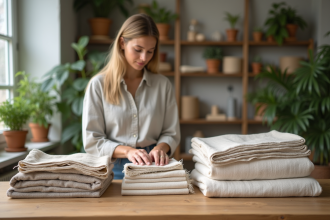 Jeune femme examine des tissus écologiques en studio lumineux