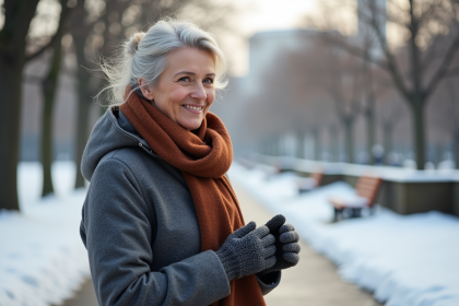 Femme d'âge moyen portant un manteau d'hiver et des gants dans un parc urbain