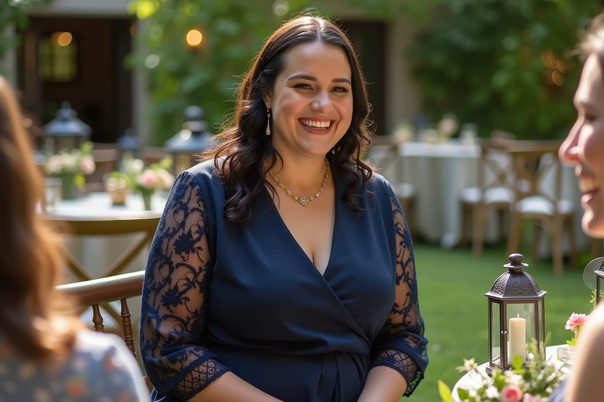 Femme en combinaison navy souriante dans un jardin
