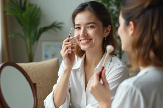 Femme se maquillant dans un intérieur lumineux et moderne