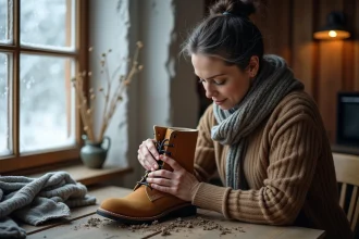 Femme en laine nettoie une botte en suede beige