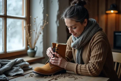 Femme en laine nettoie une botte en suede beige