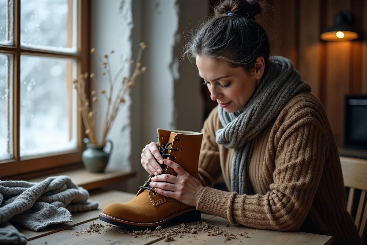 Femme en laine nettoie une botte en suede beige