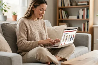 Femme parcourant les offres spéciales Kiabi en ligne sur un ordinateur portable, assise confortablement dans un salon moderne