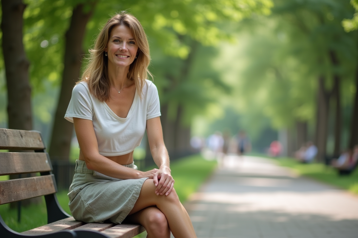 Femme détendue assise dans un parc verdoyant
