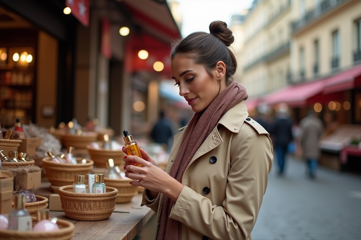 Femme élégante examine un sérum de beauté au marché parisien