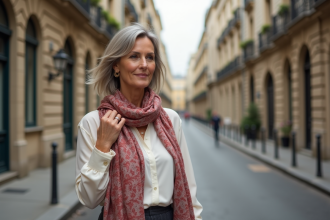 Femme parisienne portant foulard en soie dans la rue