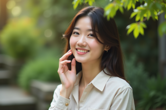 Femme souriante à la peau éclatante dans un jardin printanier